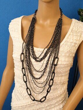 VINTAGE Metallic Grey Multi-Chain Necklace~48" Waist Length Convertible Necklace